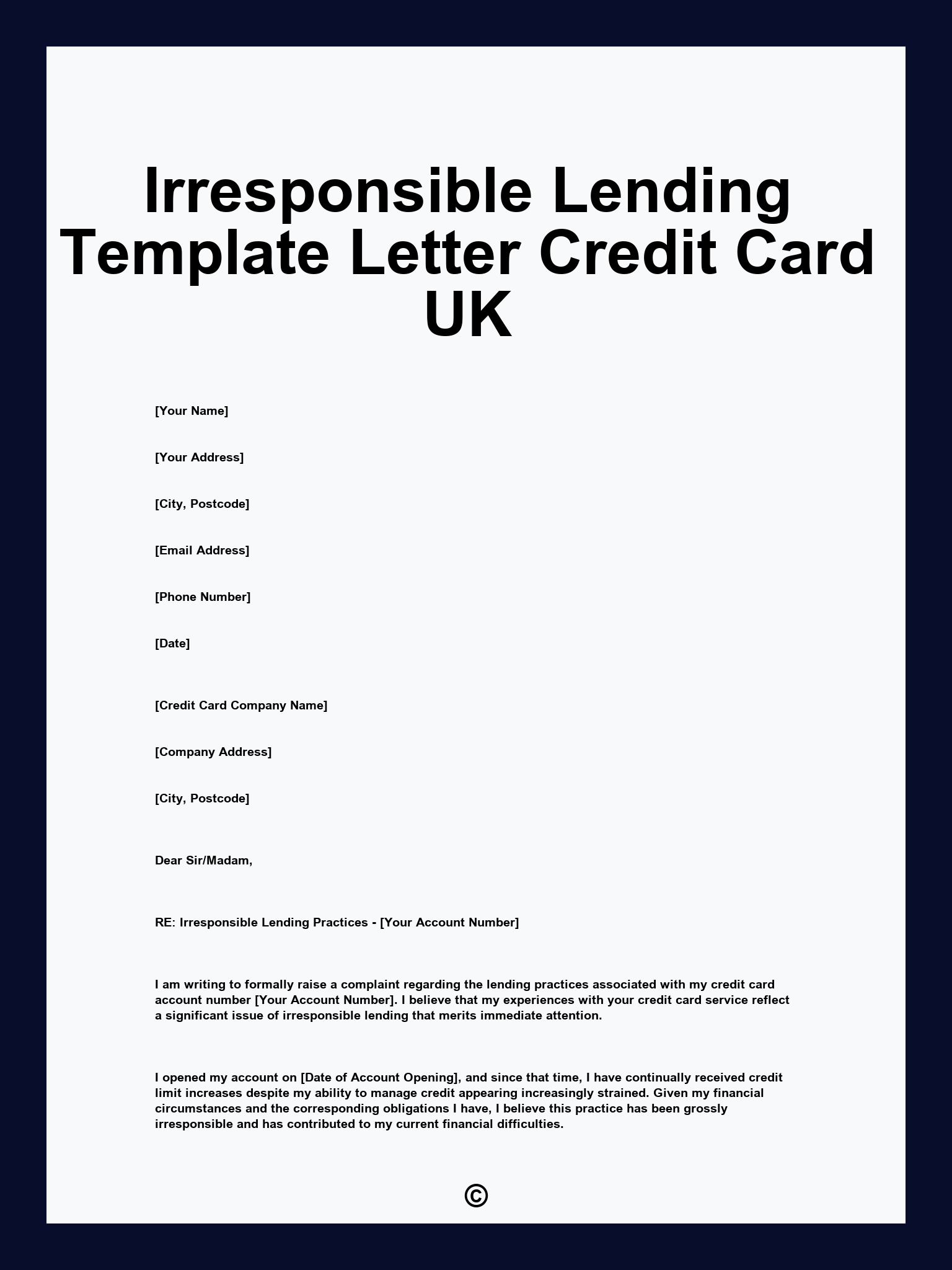 Irresponsible Lending Template Letter Credit Card UK