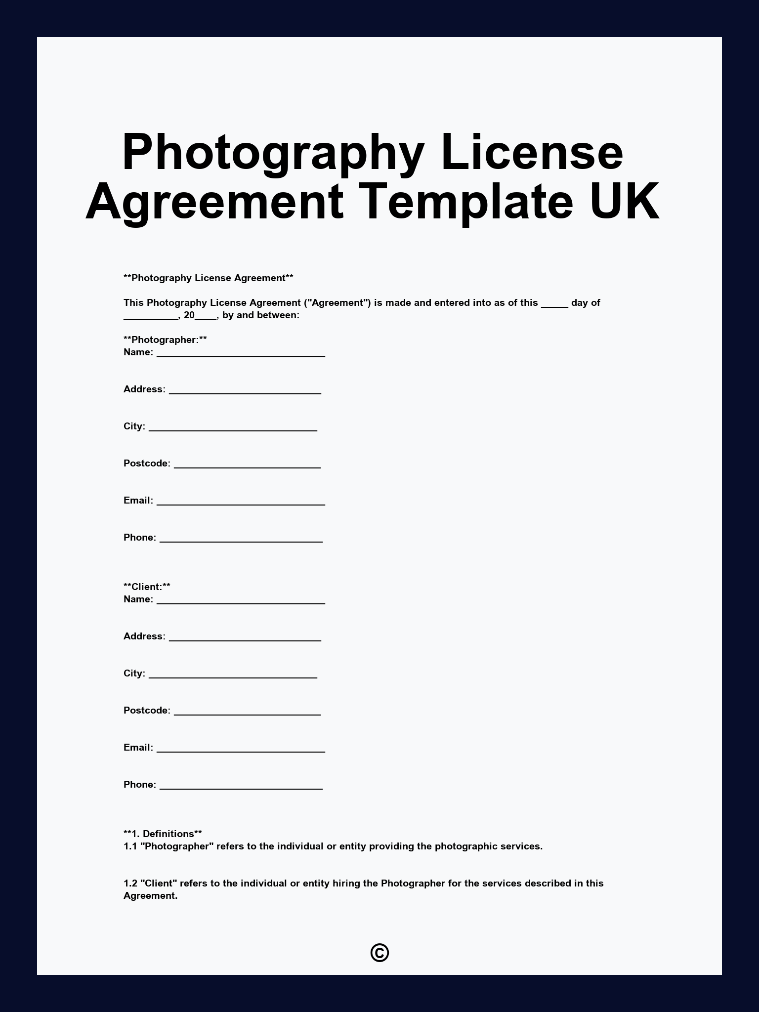 Photography License Agreement Template UK